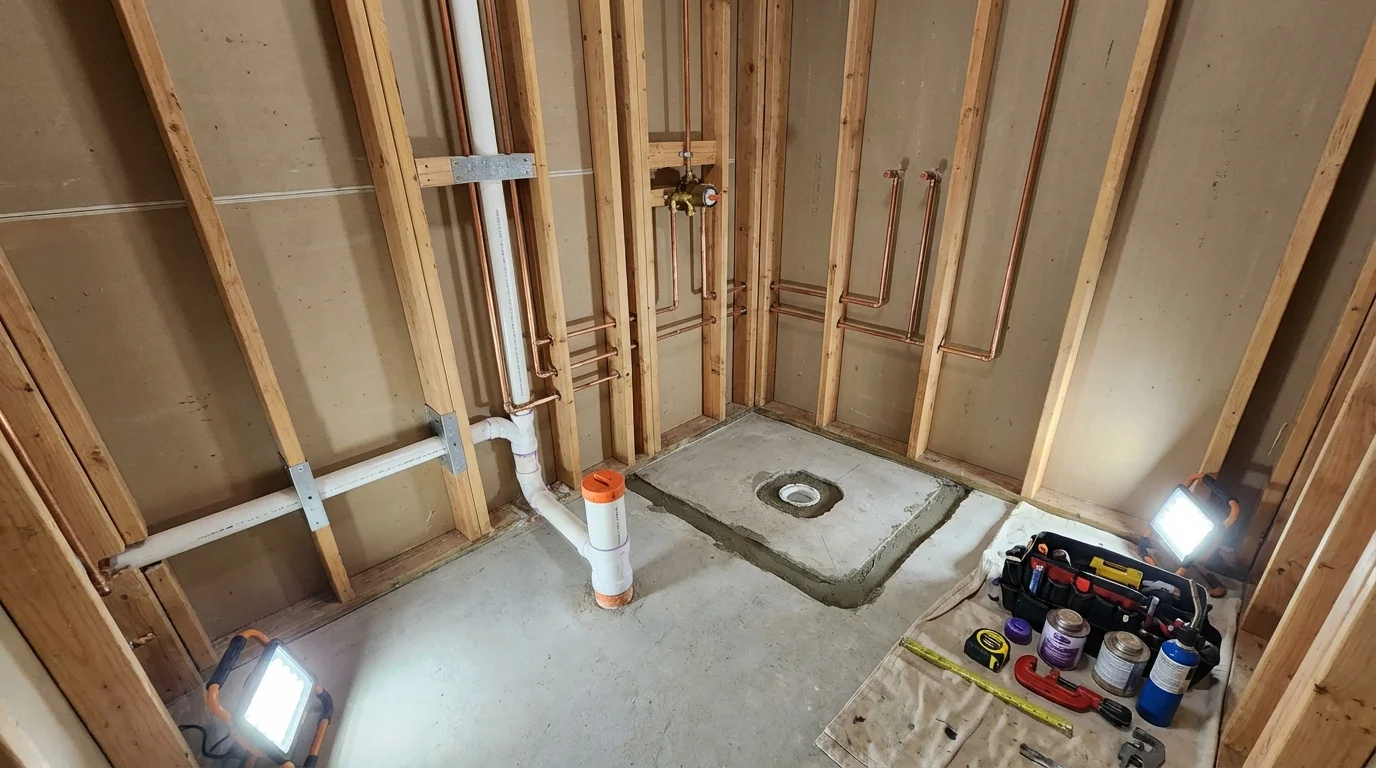 Bathroom rough-in plumbing during remodel by Johns Plumbing LLC in Stanhope