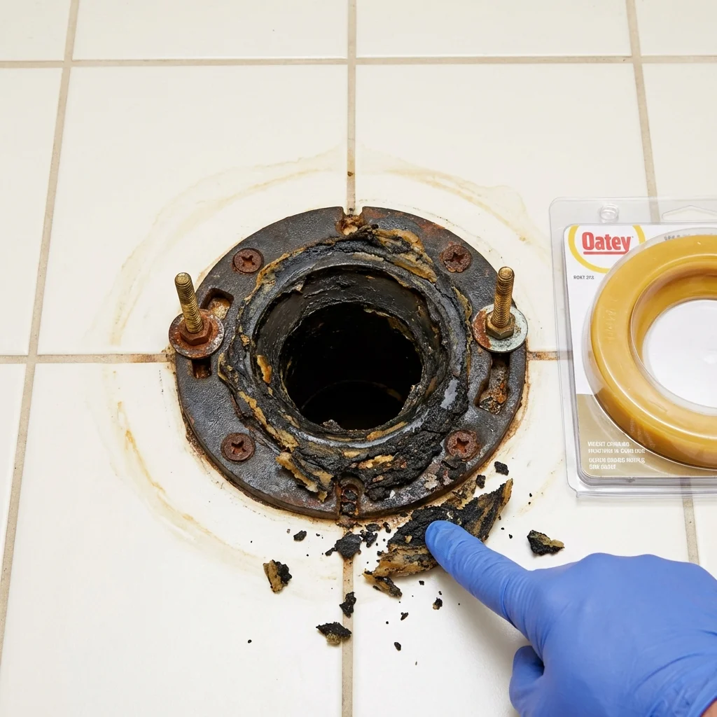 Failed wax ring showing water seepage at the base of a toilet in a Stanhope, NJ home