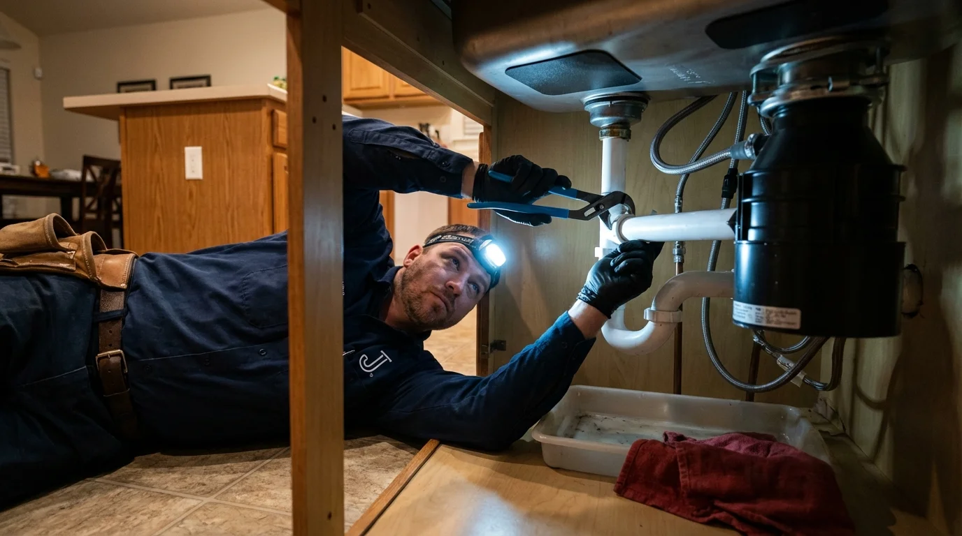 P-trap and supply line connections under a kitchen sink showing a common leak point in Stanhope, NJ